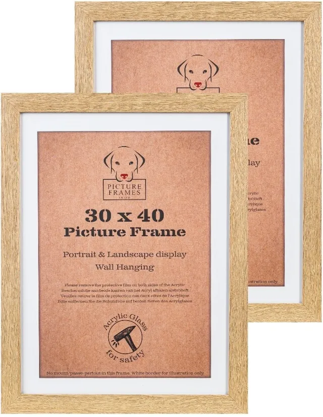Picture Frame UK Set van 2 Fotolijsten Fotomaat 30x40 cm - MDF Hout - Licht Eiken- Fotokader - 28mm profielbreedte - Posterlijst Bruin