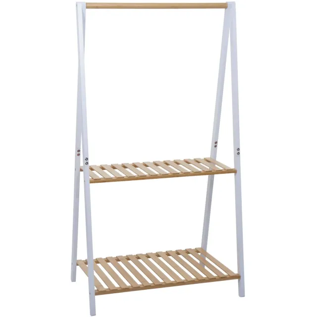 MCW Bamboe kapstok MCW-Q32, kapstok, kledingrek, schoenenrek, met stang en 2 planken, 130x70x44 cm ~ naturel-wit