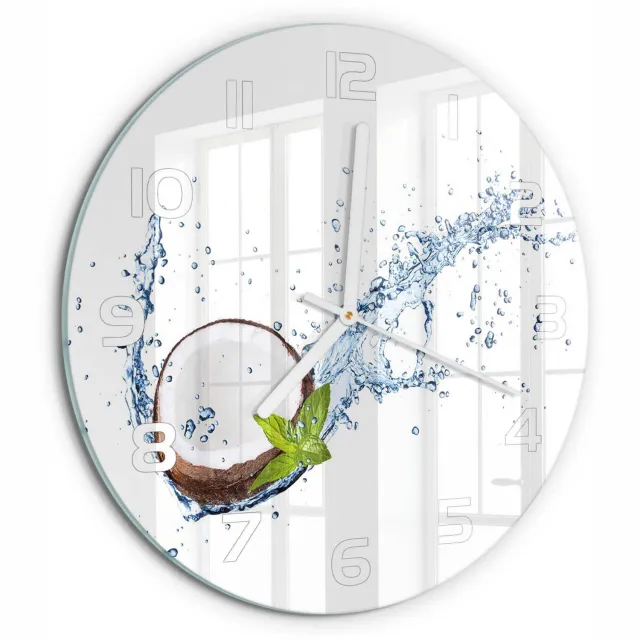 TULUP Wandklok - Kokosnoot en water Gekleurde Glazen Klok - fi30 cm - Bruin Glazen Klok Met Print - Witte handen - Ronde Klok - Moderne Wandklok Glas - Wandklok Glas Decoratie