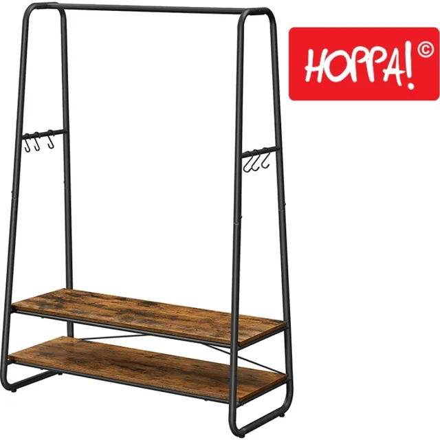 Hoppa! Kledingrek met 2 Legplanken en 6 haken - Vintage Bruin-Zwart Stalen Frame - 100 x 45 x 160 cm (L x B x H)