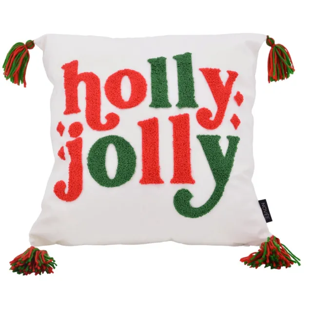 NOVÉE Holly Jolly Kerst Kussenhoes | 45 x 45 cm| Katoen | Kwastjes/Tassles wit