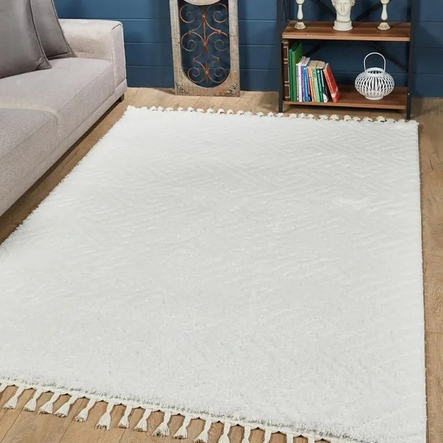 Woodman Carpet MOEFLON - Creme - 200x290cm, Hoogpolig vloerkleed met franjes