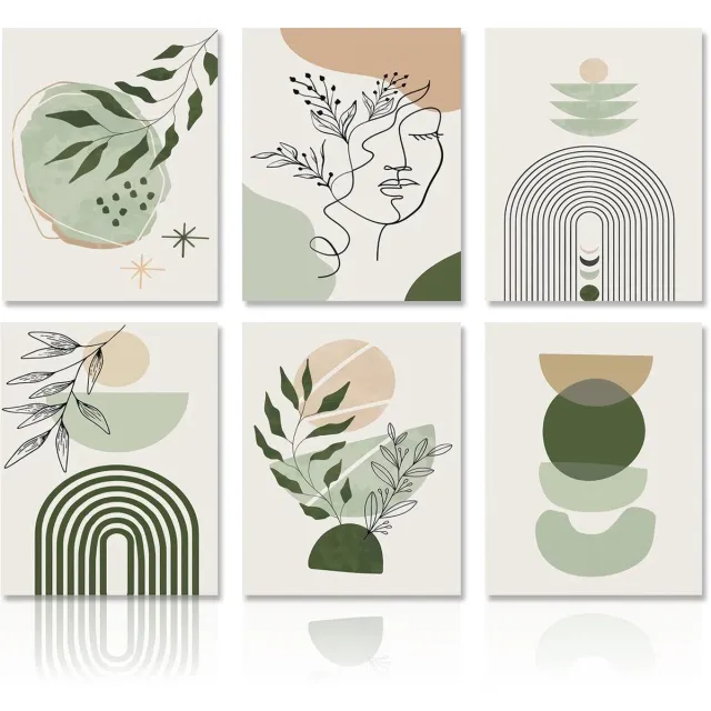 Ibenzoa Dromerige Set van 6 Geometrische Boho Canvas Kunstwerken voor Stijlvolle Interieurs groen