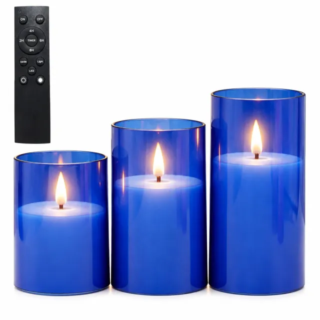 SWGOTA led kaarsen blauw, 3 stuks per doos, met grote afstandsbediening en druppelvormige vlam, cilindervormige decoratie voor bruiloften en verjaardagen