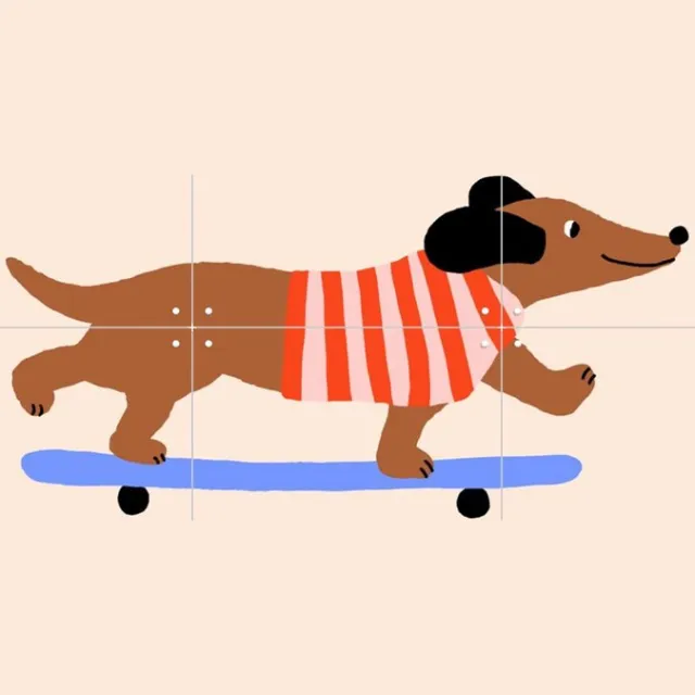 IXXI Dachshund on Skateboard, Maren Gross & Various - 60 x 80 cm - Grote wanddecoratie en posters - Illustraties, Cartoonesk, Kleurrijk, Speels Bruin / Roze