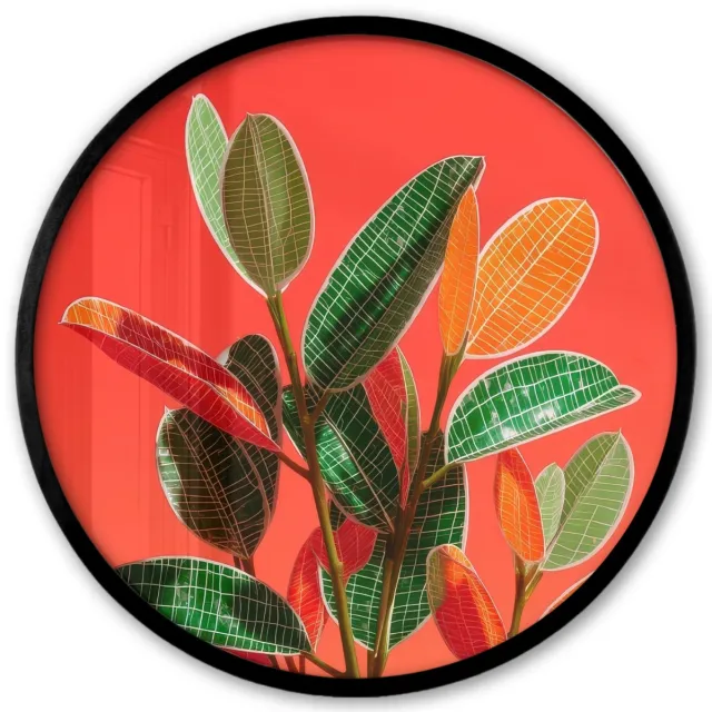 FrameYourWall Poster in lijst Rond - Fotolijst 40x40 cm - Posters - Bladeren - Nerven - Oranje - Structuur - Ronde posterlijst zwart - Decoratie - Wanddecoratie woonkamer - Muurdecoratie slaapkamer Bladeren - Nerven - Structuur