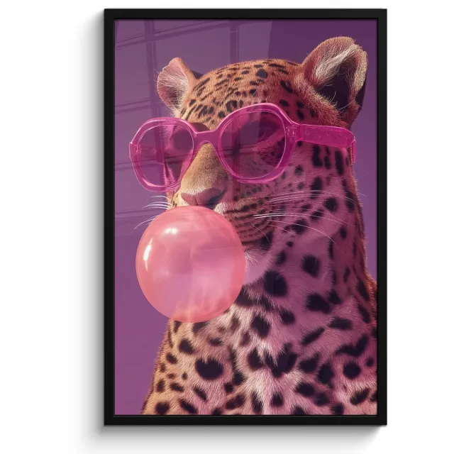 FrameYourWall Poster in lijst - Fotolijst 60x90 cm - Posters - Panter - Zonnebril - Kauwgombel - Roze - Posterlijst zwart - Decoratie - Wanddecoratie woonkamer - Muurdecoratie slaapkamer