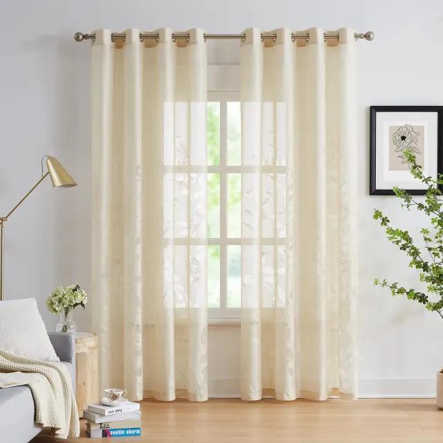 Unyqoos ® Elegante Jacquard Kanten Gordijnen met Bladmotief en Inslagringen voor Slaapkamer en Woonkamer beige