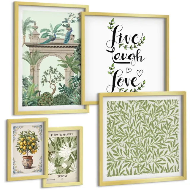 Coloray 5-Delige Schilderij Set - Plantenmotieven Met Exotische Accenten In Boho-Stijl. - 50 x 50 cm, 20 x 30 cm En 40 x 60 cm - Muurdecoratie - Decoratieve Schilderijen - Wohnzimmer Gouden lijst