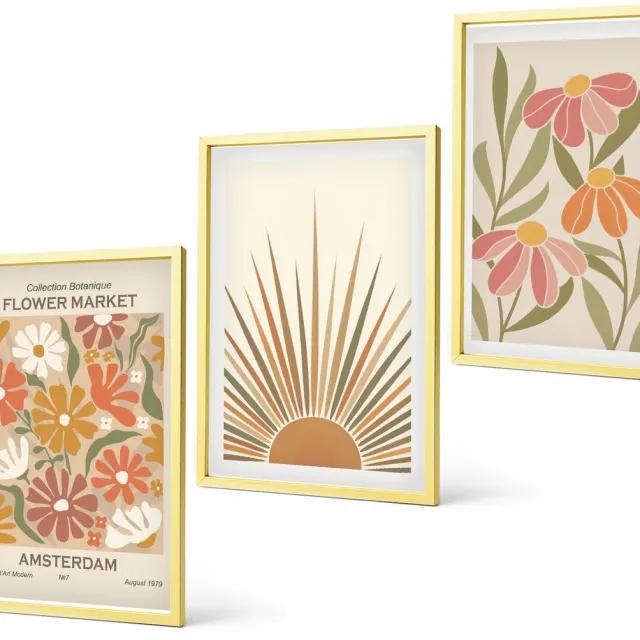 Coloray 3-Delige Schilderij Set - Bloemen In Pastelkleuren Met Zonnestralen - 40 x 40 cm En 40 x 60 cm - Stijlvolle Muurdecoratie - Kantoor - Wanddecoratie Gouden lijst