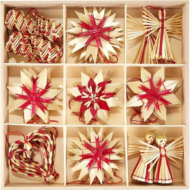 Heitmann Kerstboomversiering van stro - stro boomversiering met rode accenten - Cadeau Versiering - kerstboomhanger van natuurlijk materiaal - 25-delige set bruin