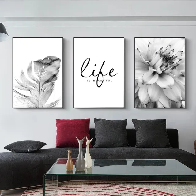Ibenzoa Decoratieve Poster Set Bloem Veer Paardenbloem - Driedimensionaal Effect wit-zwart