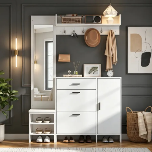 Zubaliya Schoenenkast – MDF – Wit – 140x30x200 cm – Inclusief kapstok, schoenenkast, spiegel over de volledige lengte, haken, schoenenbankje en opbergruimte.