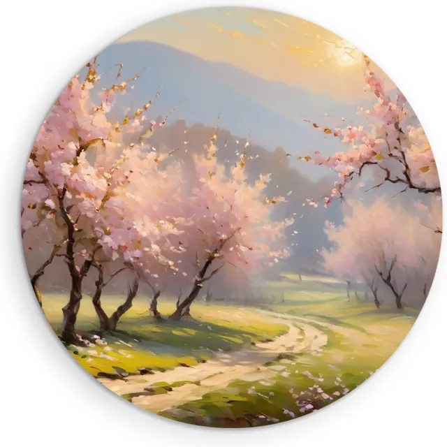 Saammp Muurcirkel Hout - Roze bomen in landschap - Abstract - Ø 50 - Wandcirkel - Wanddecoratie Cirkel - Muurdecoratie Woonkamer - Kantoor Decoratie