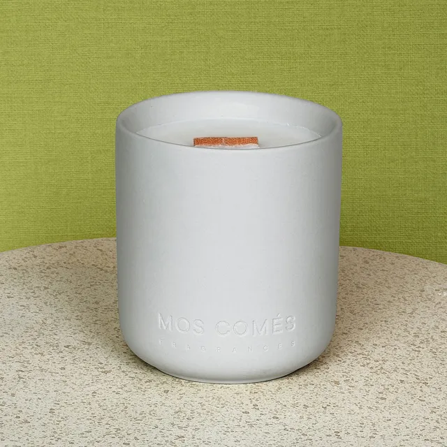 MOS COMÈS Dawn In The Woodlands MINIMALIST geurkaars | Grote luxe geurkaars | Natuurlijk & duurzaam | Houten lont met knisper | Patchouli, Aardwortel, Violen, Cederhout, Berk-bladeren, Guaiac-hout, Gurjun balsem, Styrax, Eikenmos Grijs