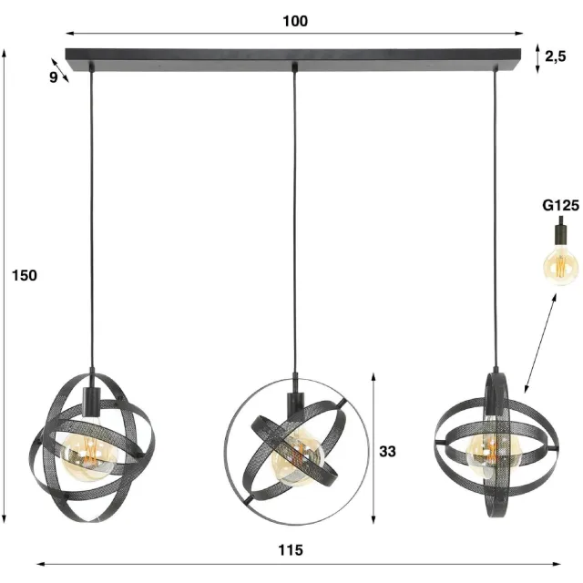 Nest of Nora Hanglamp Ruvo - 3-lichts - Zwart Donkergrijs