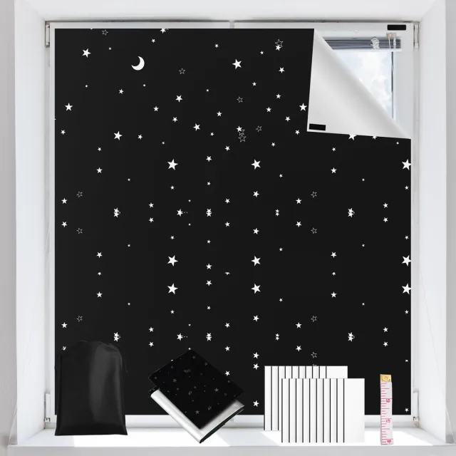 Unyqoos Verduisterend Rolgordijn met Sterren en Maan Design, 100 x 145 cm, Zonder Boren Zwart