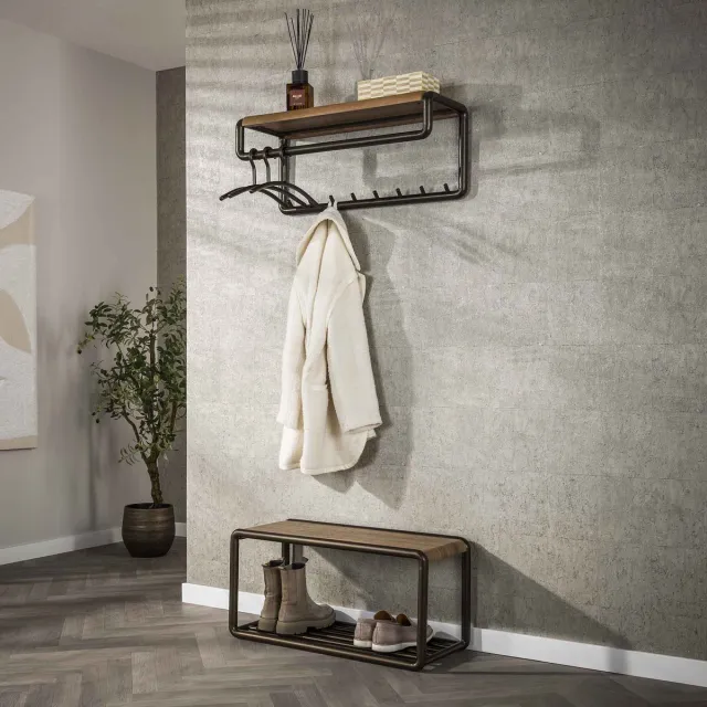 Dimehouse Kapstok Senna roede en hoedenplank 8 haken Drift brown