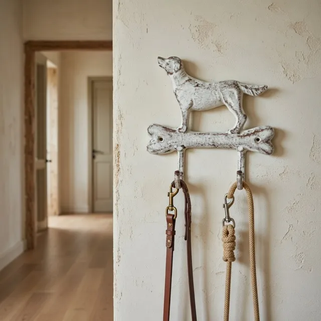 Ambiente Haus Gietijzeren dubbele wandhaak teckel 19cm x 18cm x 5cm - Kapstok twee haken hond - Ophanghaak voor hondenriem wit