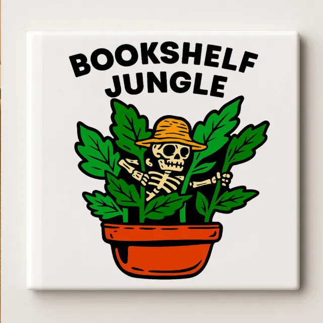 Nevolis Bookshelf Jungle Keramische Tegel 15x15 cm – Grappig Skelet in Plantenpot Ontwerp – Originele Wanddecoratie & Perfect Cadeau voor Planten- en Boekenliefhebbers Multi Color