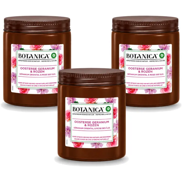 Air Wick 3 x Botanica by Air Wick - Geurkaars - Geranium & Rozen - 40 Uur Brandduur - Voordeelverpakking - 3 stuks Wit