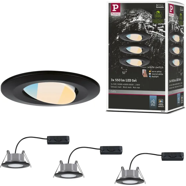 Paulmann LED Inbouwspots Calla Set van 3 - Zwart Mat - IP65 - 5W per Spot - 430 lm - 230V - WhiteSwitch - Inbouwspots Badkamer