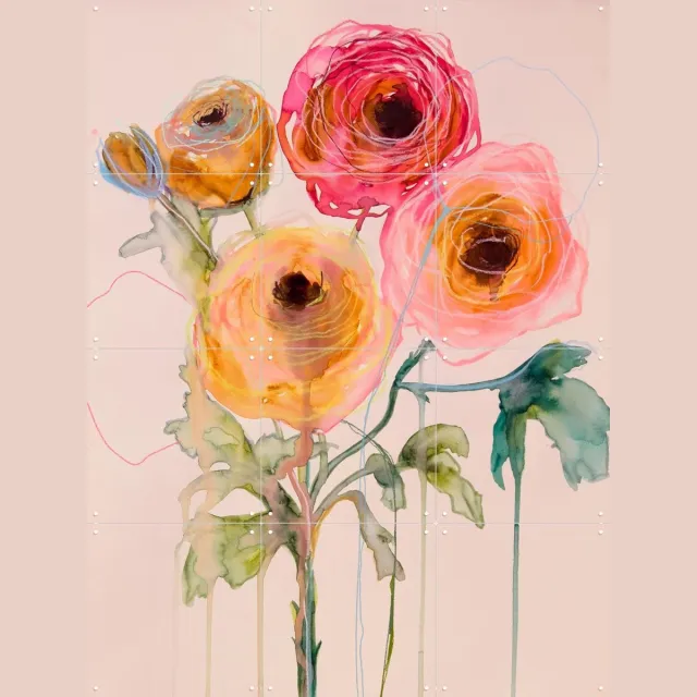 IXXI Ranunculus 06, Leigh Viner - 60 x 80 cm - Grote wanddecoratie en posters - Aquarel, Kleurrijk, Schilderijen, Abstract, Eetkamer, Slaapkamer Roze