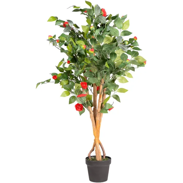 UNUS Kunstplant Camellia 120 cm met echte houten stam rode bloemen, kamerplant met natuurlijke houten stam Groen