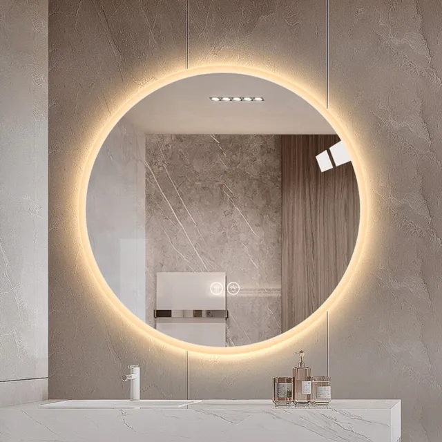 MEUNIQ Ronde LED badkamerspiegel Ø80 cm, wandspiegel met anti-condensfunctie, dimbare verlichting en 3 kleurtemperaturen voor badkamer en kaptafel, zilver
