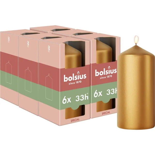 Bolsius Gladde Stompkaars - 6 stuks - Metallic Goud - 12 cm - 33 Branduren