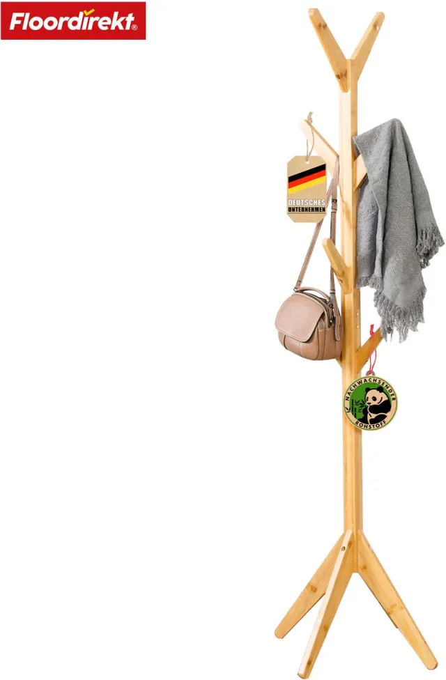 Floordirekt Bamboo Coat Rack - Maryland - Elegant and Natural Design - 8 Hooks for Jackets, Bags and More Bamboe