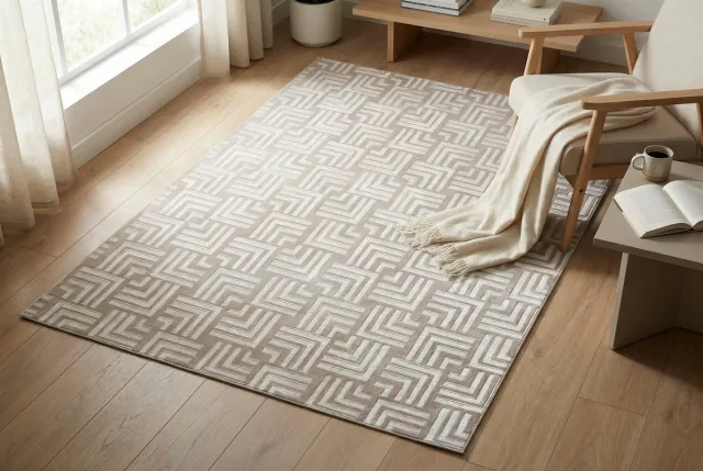 Padiro design laagpolig vloerkleed 80 x 150 cm - lichtbeige - modern geometrisch patroon - voor vloerverwarming - van polyester en katoen