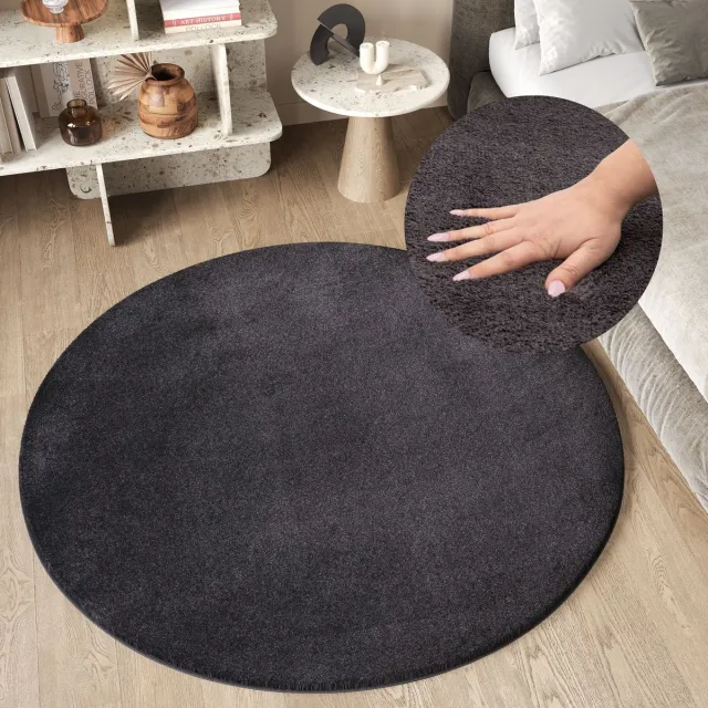 Tapiso Cuddle Rond Vloerkleed Antraciet Hoogpolig Shaggy Tapijt Maat- 80x80 Antraciet Rond