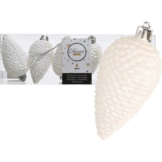 Decoris Kerstboom decoratie kerstbal dennenappels wit 6 stuks Parelmoer