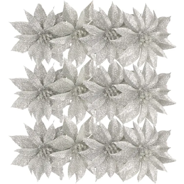 Gerimport Kerstboomversiering Bloemen - 12x stuks - 9 cm - zilver glitter - op clip Rood
