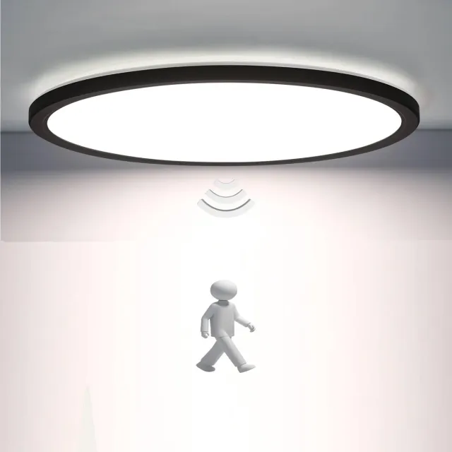 Epochglo LED Plafondlamp met Bewegingssensor - 18W, 1800 Lumen, Microgolfsensor (Radar), 3 Lichtmodi, Instelbare Timer (30s/120s/180s) - IP44 Waterdicht, Ultraplat Design (Ø22cm) - Mat Zwart - Voor Hal, Badkamer, Garage en Berging Zwart (4000K)