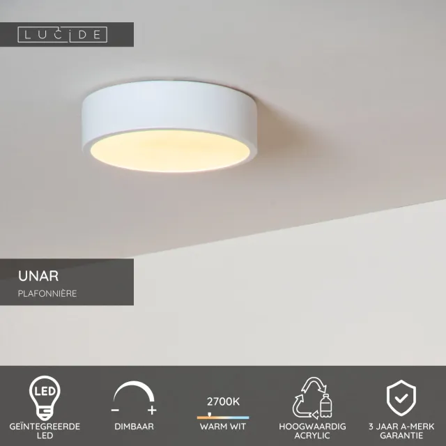 Lucide UNAR - Plafonnière (Plafondlamp) - Ø 20 cm - LED 3 StepDim - 1x12W 2700K - Wit