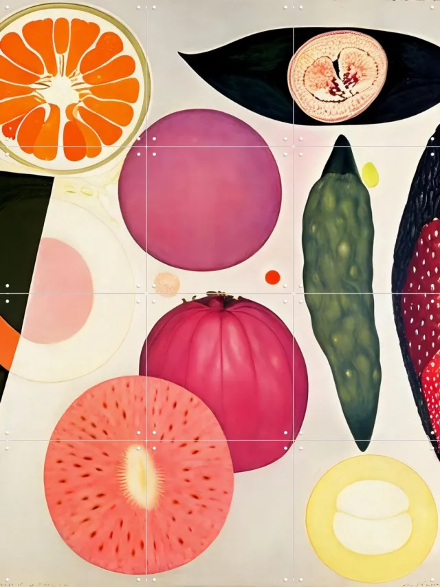 IXXI Surreal Feast, Artclaud - 60 x 80 cm - Grote wanddecoratie en posters - Surrealisme, Digitale Kunst, Abstract, Olieverf, Kleurrijk, Illustraties Oranje / Groen / Roze