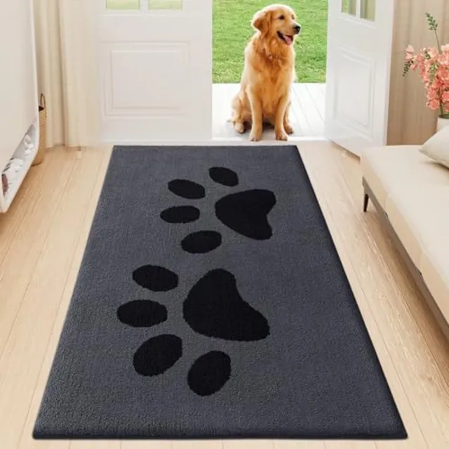 OLANLY Deurmat - Voor en achterdeurmat - Vuilafstotend en wasbaar - 60x150 cm - Donkergrijs met zwarte hondenpootafdruk