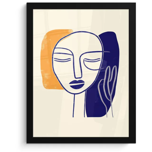 FrameYourWall Poster in lijst - Fotolijst 30x40 cm - Posters - Minimalistisch - Gezicht - Hand - Oranje - Blauw - Posterlijst zwart - Decoratie - Wanddecoratie woonkamer - Muurdecoratie slaapkamer Gezicht - Hand - Minimalistisch