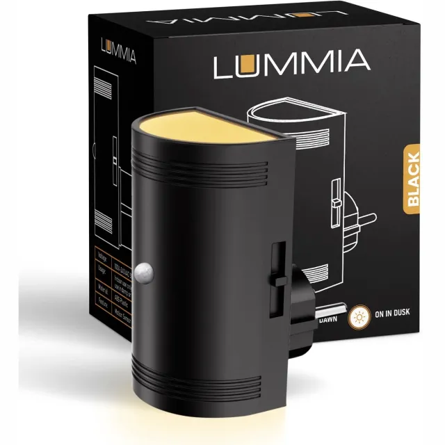 LUMMIA Stekkerlamp - Bewegingssensor Lamp Binnen - Nachtlampje Stopcontact - Stekkerspot - Halfrond - 2700K - ABS-Kunststof - 9.0 x 4.5 cm Zwart