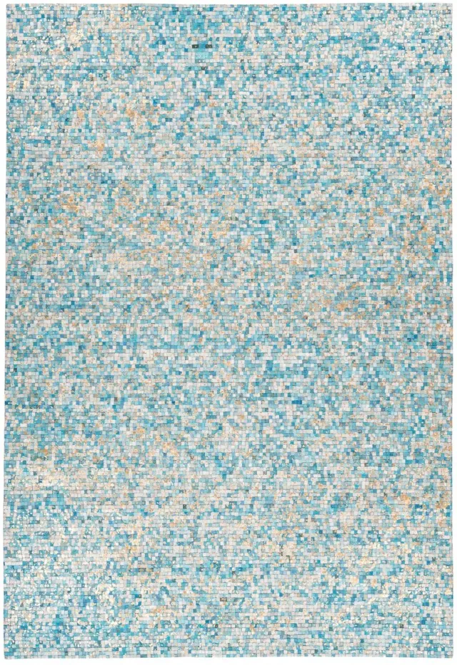 Padiro design laagpolig vloerkleed 200 x 290 cm - turquoise - modern patchworkontwerp - voor vloerverwarming - van leer en katoen blauw