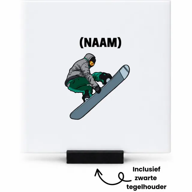 Hacebo Snowboard met eigen naam tegeltje met tegelhouder - Snowboarden - Snowboarders - tegeltjes met tekst - Wintersport - spreuktegels - 10.8x10.8 CM Wit