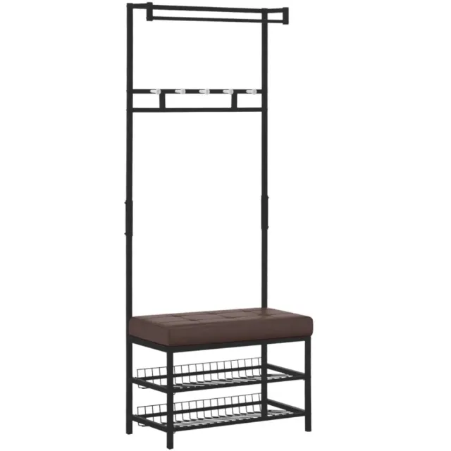 ZYLARO Kapstok - Kledingrek Met 5 Haken En Schoenenbank Met 2 Niveaus - Metalen Kapstok Voor Hal En Slaapkamer - 72,5 x 35 x 180 cm Zwart (frame), Bruin (zitplaats)