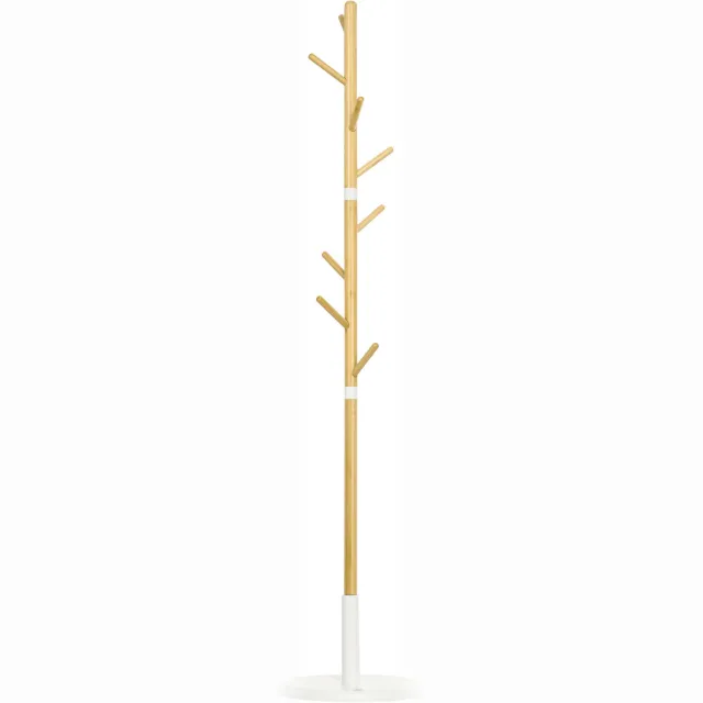 Lunpog Kapstok staand - met 8 Kapstokhaak - Staande kapstok - van MDF en massief bamboehout - 175,6 x 37,8 x 37,8 cm - wit Blanc