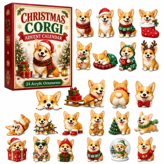 SWGOTA Corgi-adventskalender met 24 platte acryl hangdecoraties, kerstmotieven en kartonnen geschenkdoos Bruin