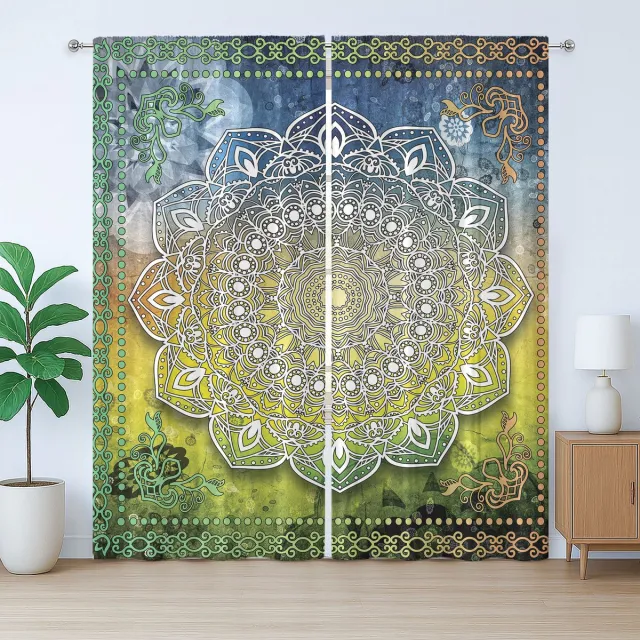 ABAKUHAUS Etnisch rustiek gordijn, Mandala Boho, Universele gordijnen met lussen en haken voor de woonkamer, 280 x 175 cm, Wit Geel Groen