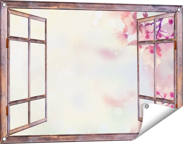 Gards Tuinposter Doorkijk Roze Bloesemboom met Zonneschijn - 90x60 cm - Tuindoek - Tuindecoratie - Wanddecoratie buiten - Tuinschilderij Bruin