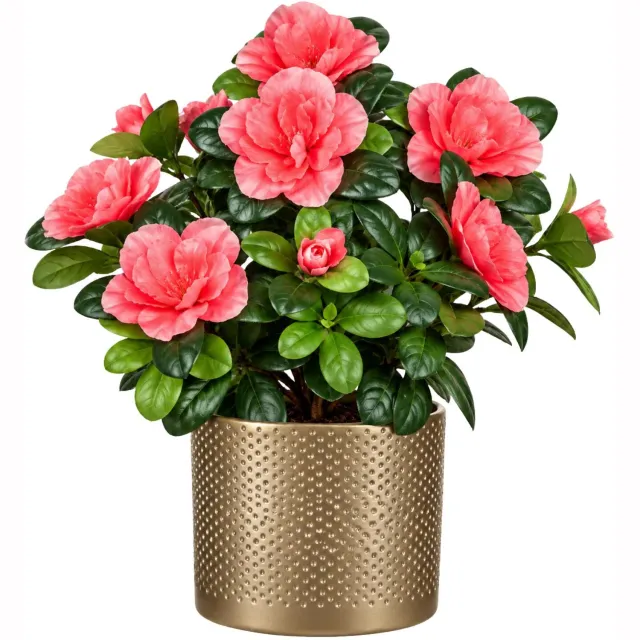 Mica Decorations Kunstplant - Azalea roze - H27 cm - in gouden bloempot - keramiek - complete set van pot en plant - decoratie stuk Goudkleurig