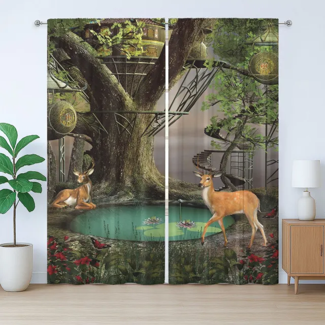 ABAKUHAUS Rustiek Natuurlijk Gordijn, Abstracte Herten en Boomhut, met Bandjes en Lussen voor de Woonkamer, 280 x 225 cm, Multicolor